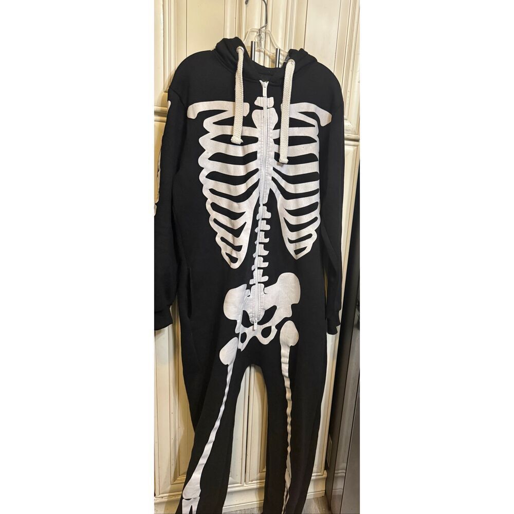 Noroze Men's Skeleton Fleece Jumpsuit Pajama Halloween Costume Black White Large - Picture 4 of 10